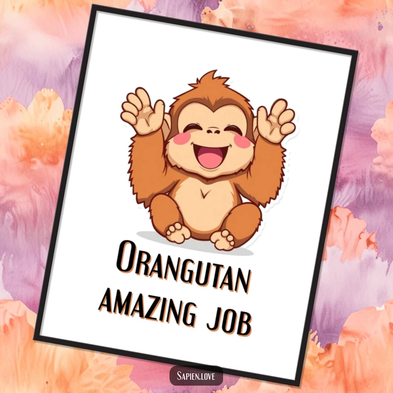 Funny Free Printable Wall Art: An adorable kawaii orangutan clapping its hands with pure, unadulterated happiness and excitement.