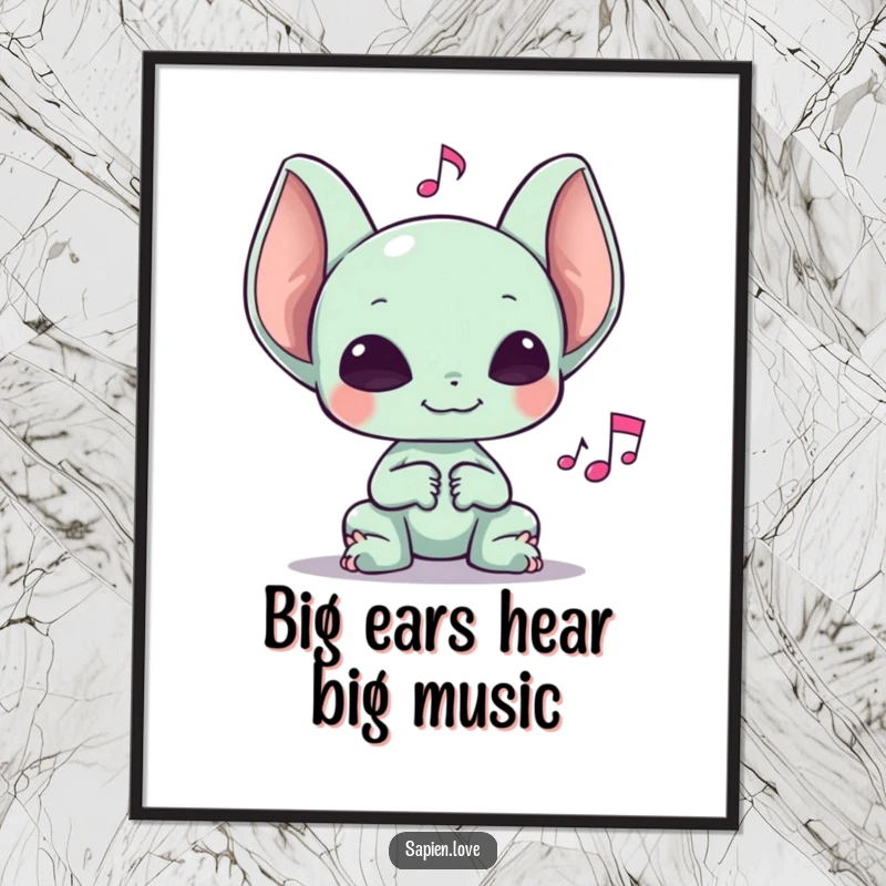 Funny Free Printable Wall Art: A happy alien with oversized ears listens joyfully to a floating musical note.