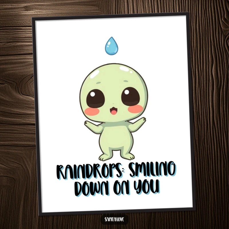 Funny Free Printable Wall Art: An excited alien character looks up, surprised by a single, smiling falling raindrop.