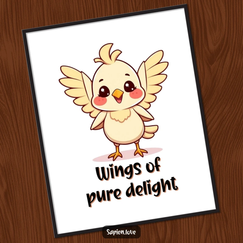 Funny Free Printable Wall Art: A smiling, bipedal avian creature joyfully flaps its wings in mid-air.