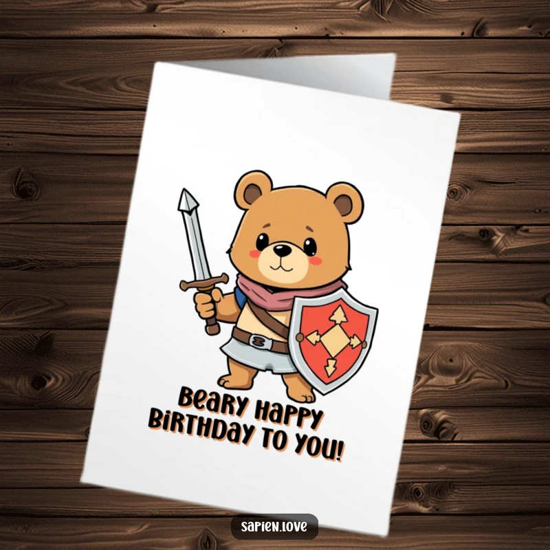 Funny Free Printable Birthday Card: A bear character dressed as a knight holds a sword and shield.