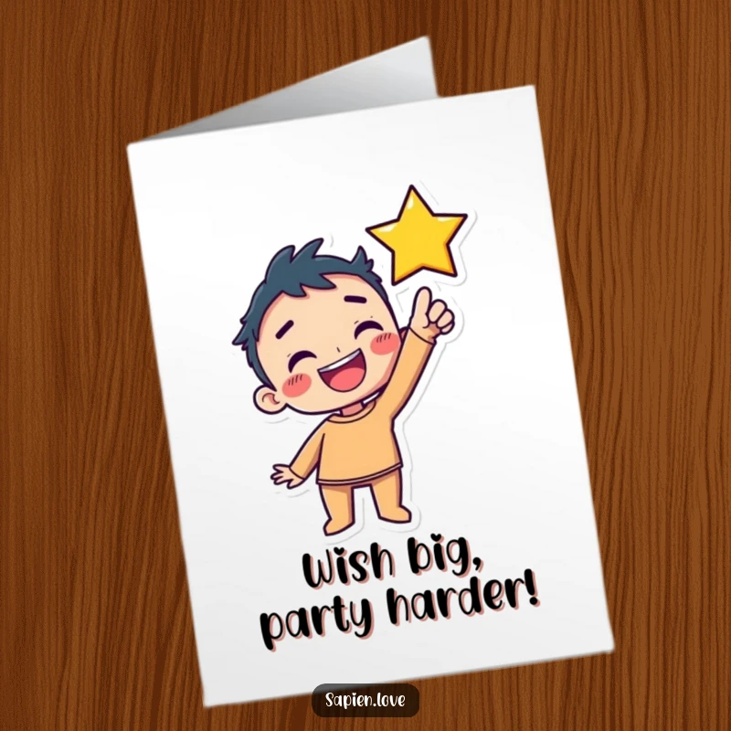 Kawaii Free Printable Birthday Card: Grinning character joyfully reaches upwards towards a twinkling star.