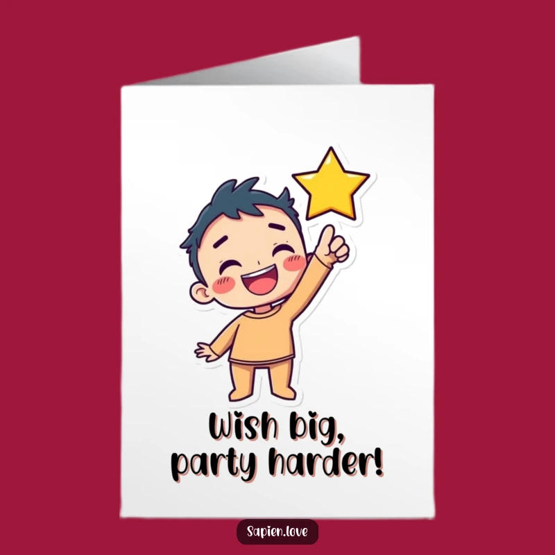 Free Kawaii Birthday Card: Grinning Character Reaches for Starry Wishes!