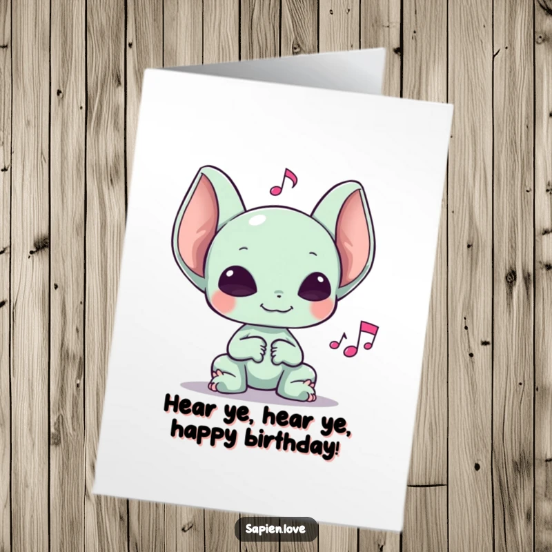 Funny Free Printable Birthday Card: A large-eared alien happily listens to a vibrant musical note, grooving.