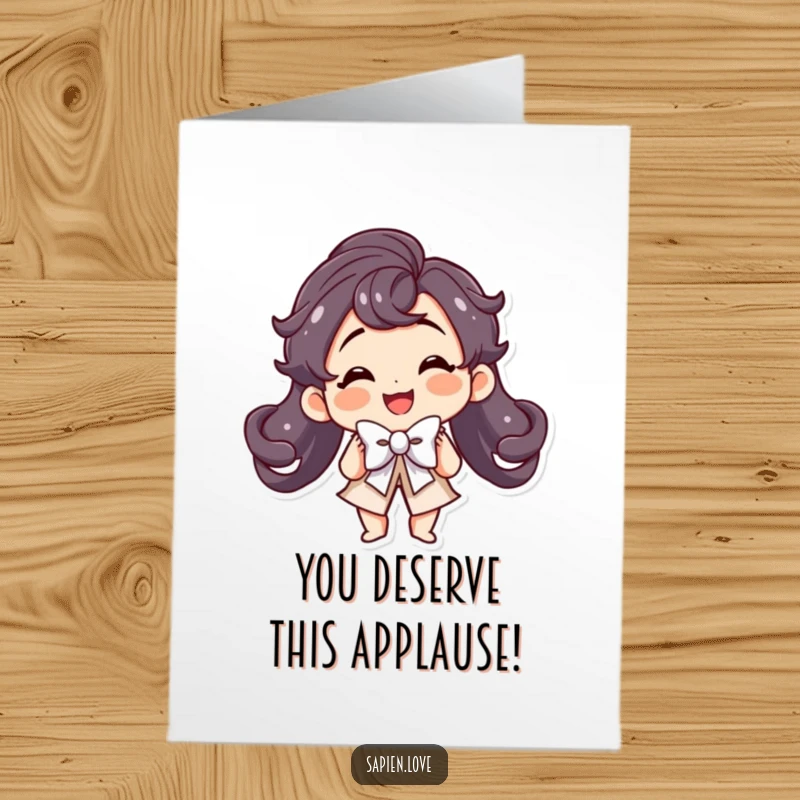 Funny free printable birthday card: a smiling kawaii character taking a dramatic theatrical bow with a flourish, ready for applause.