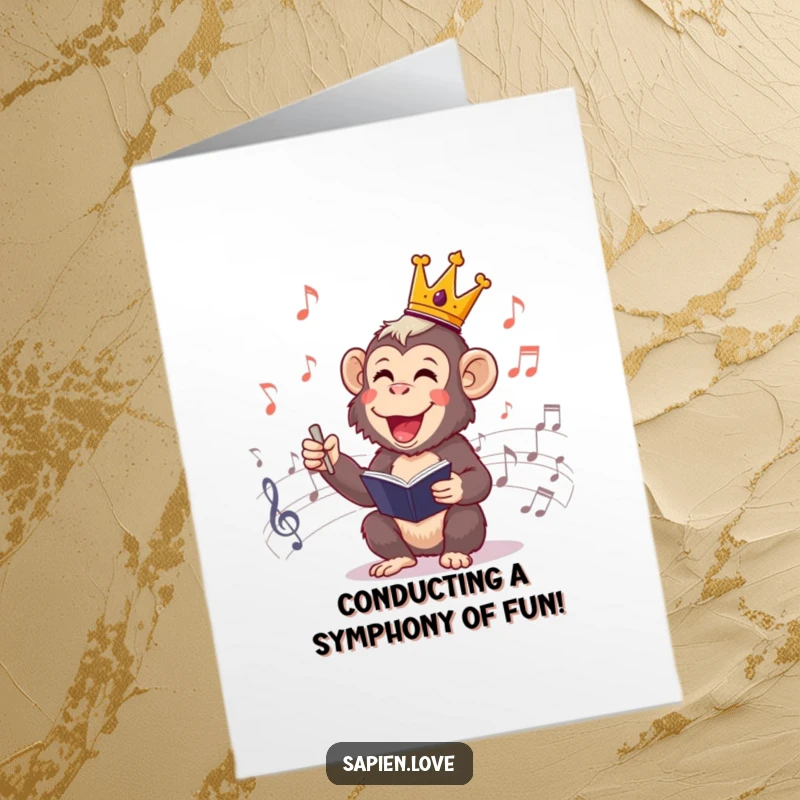 Funny Free Printable Birthday Card: Cheerful primate in a tiny crown conducting musical notes with joy.