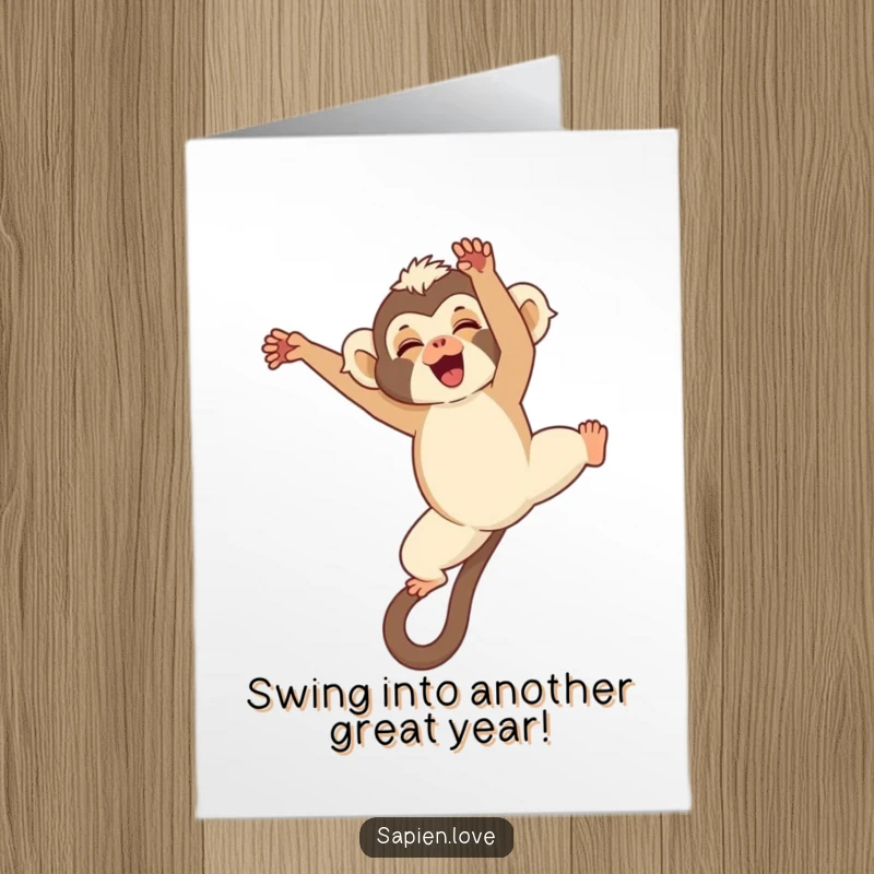 Funny Free Printable Birthday Card: A giggling kawaii gibbon mid-somersault, radiating pure, playful energy.