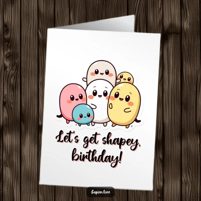 Funny Free Printable Birthday Card: Playful abstract rounded shapes with simple eyes interact joyfully, celebrating a birthday.