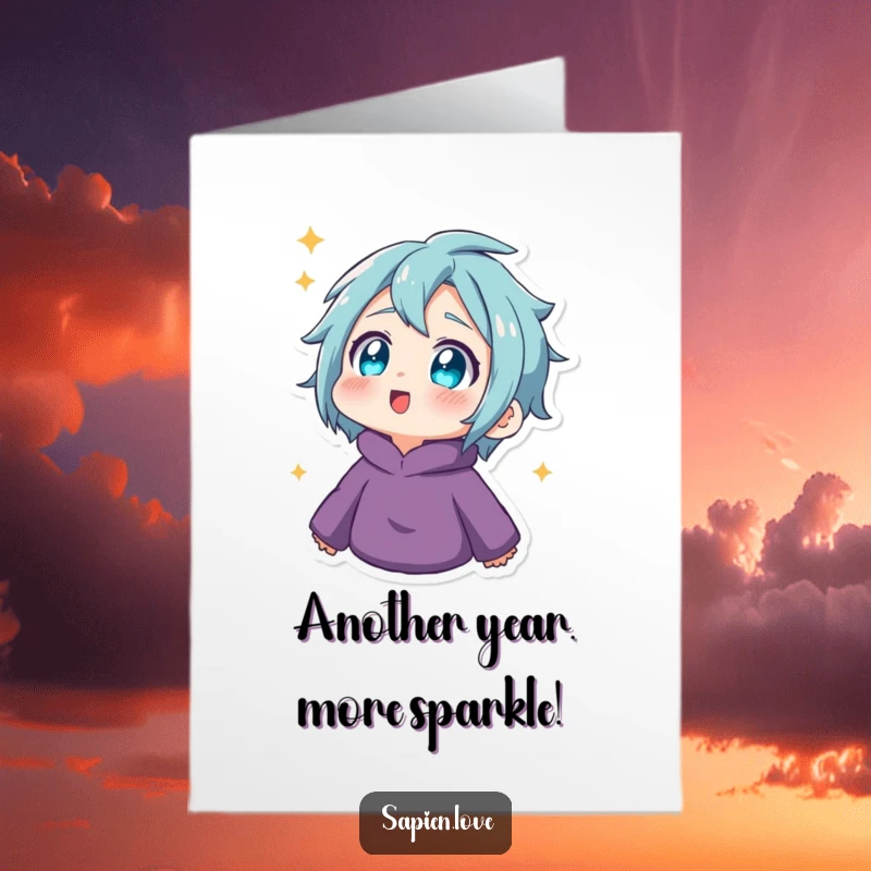 Funny Free Printable Birthday Card: Character with twinkling eyes gazes upwards, amazed by birthday wonders.