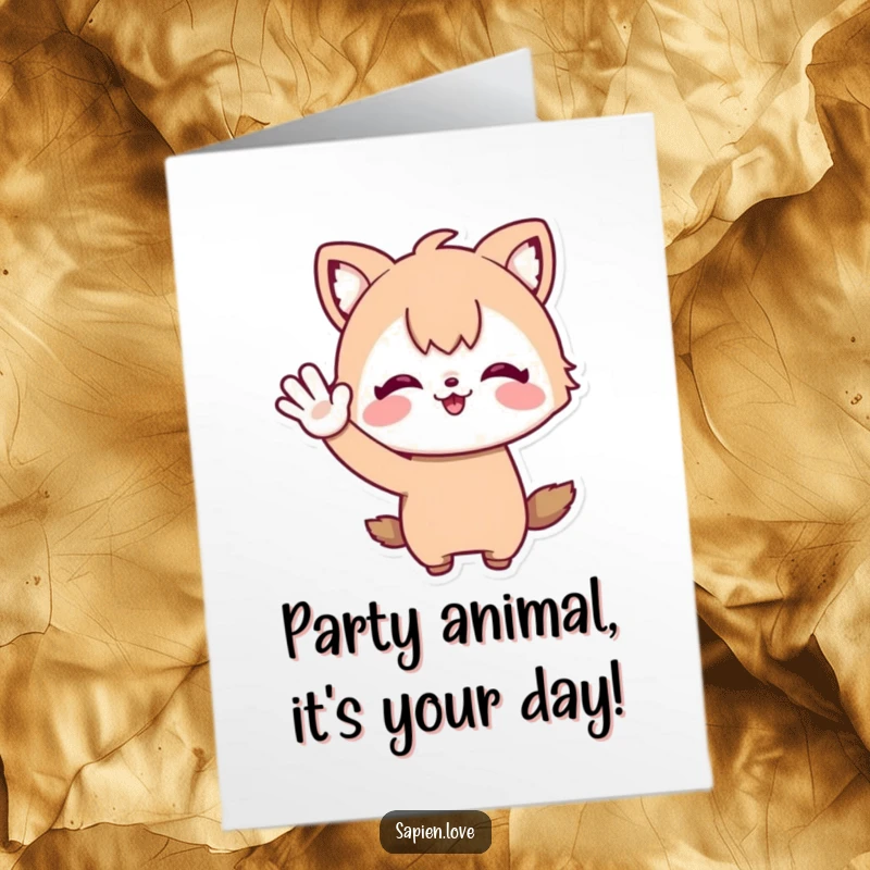 Funny Free Printable Birthday Card: A cheerful person with cute animal features waving enthusiastically, radiating joy.