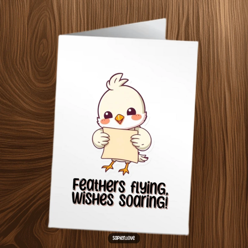 Funny free printable bird card with a whimsical bird holding a rolled-up scroll, ready to deliver birthday wishes.