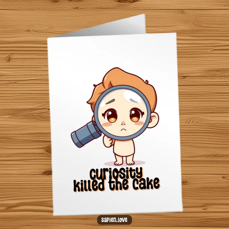 Funny Free Printable Birthday Card: Curious character peers intensely through a magnifying glass, seeking birthday fun.