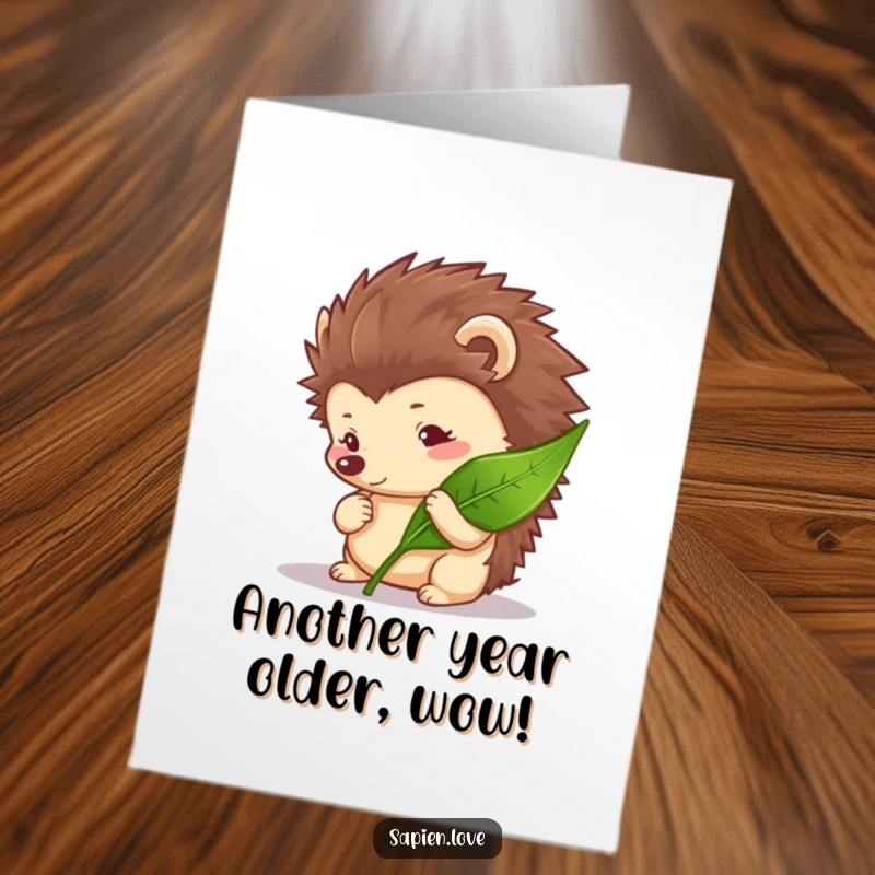 Free printable birthday card featuring a curious hedgehog character intently examining a vibrant green leaf, cute and charming.