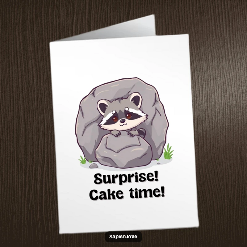 Funny Free Printable Birthday Card: A charming raccoon peeks mischievously from behind a large rock, ready to party.