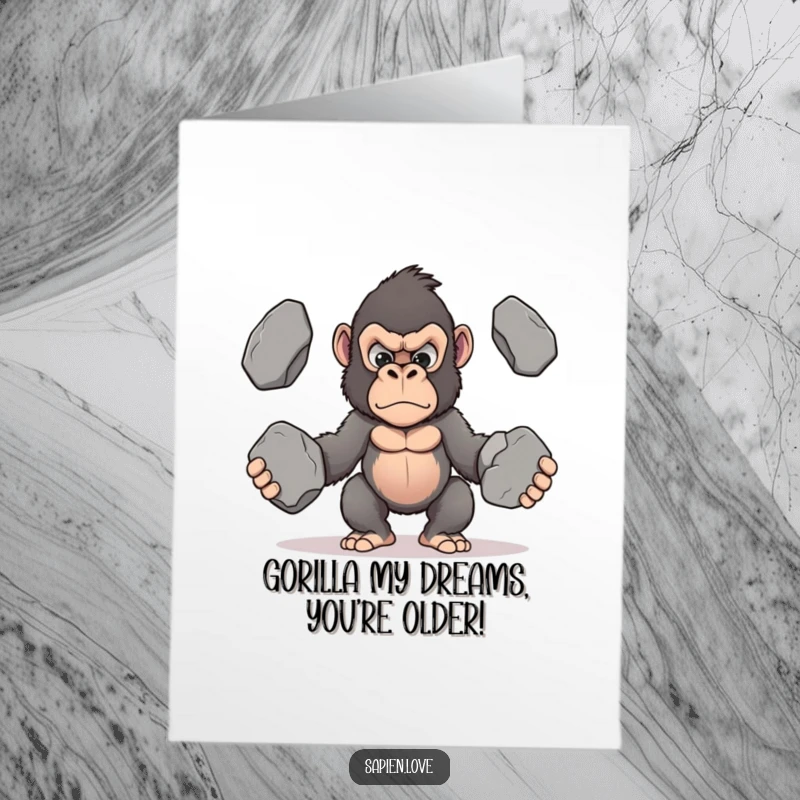 Funny Free Printable Birthday Card: A determined kawaii gorilla straining to juggle three very large stones.