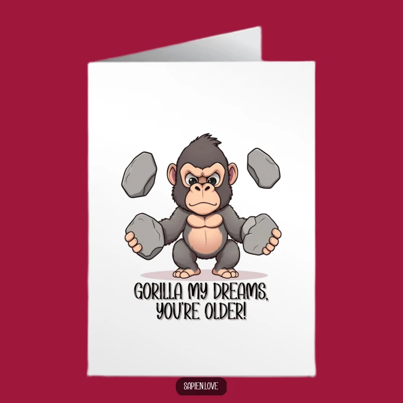 Free Printable Birthday Card: Determined Kawaii Gorilla Juggling Stones - Downloadable Strength!