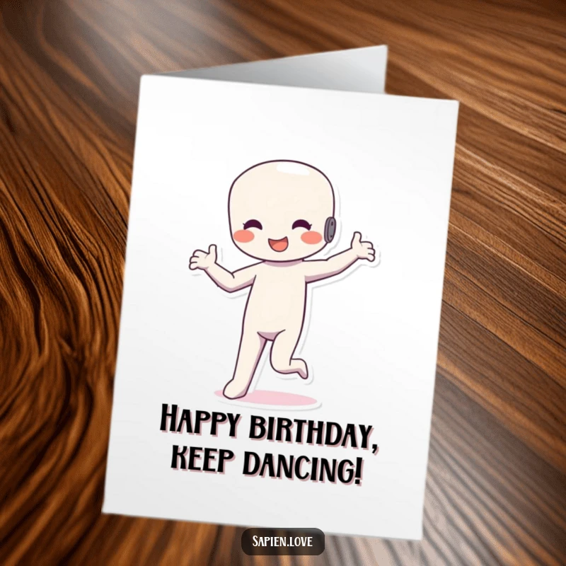 Funny Free Printable Birthday Card: Happy humanoid figure doing a silly, rhythmic dance with joy.