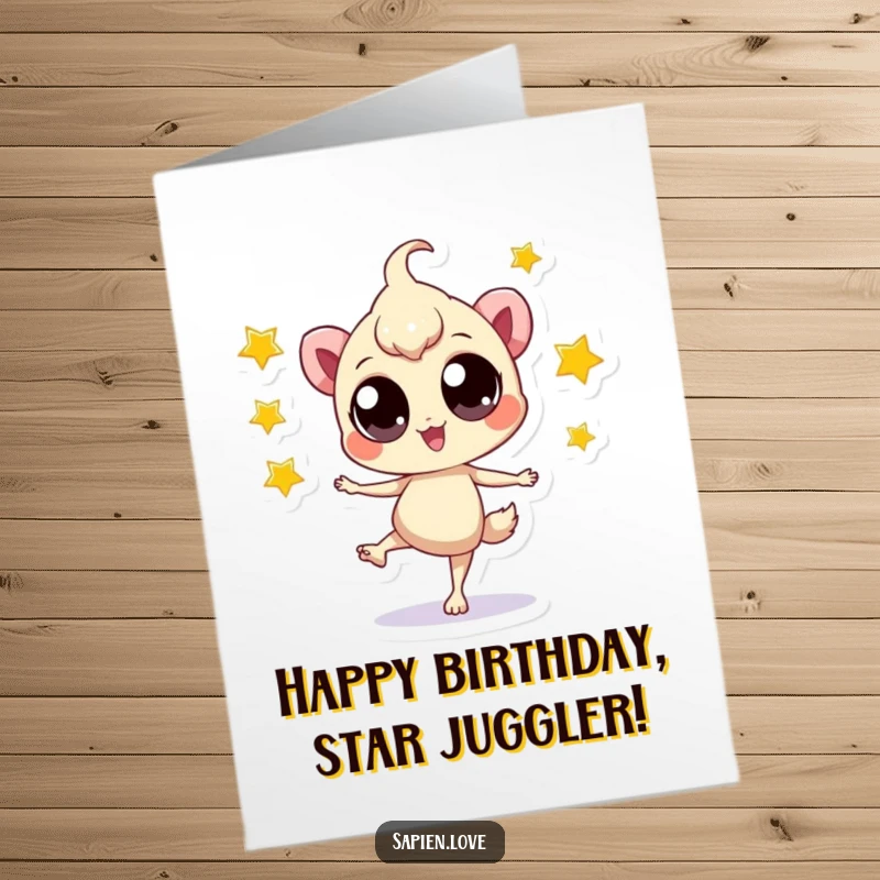 Funny Free Printable Birthday Card: Playful creature with big eyes, balancing and juggling small stars.