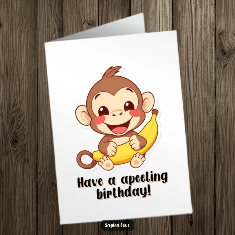 Funny Free Printable Birthday Card: Cheerful kawaii monkey offering a banana with a wide grin, perfect for a fun DIY wish.