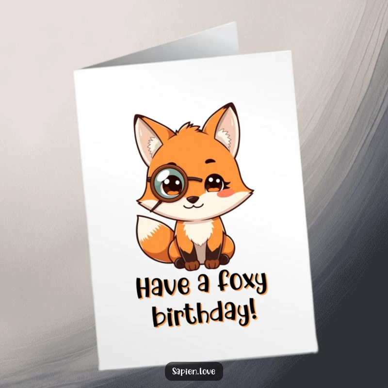 Funny Free Printable Birthday Card: A wise fox character wearing a monocle looks thoughtfully intelligent.