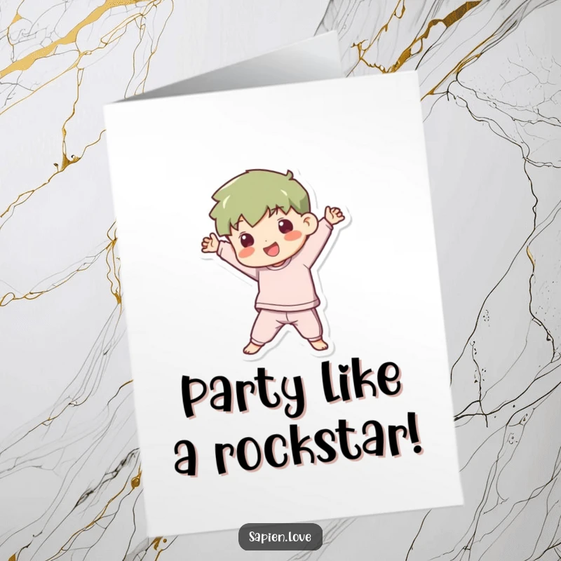 Kawaii Free Printable Birthday Card: Playful figure in a dynamic pose, celebrating a birthday with energy.