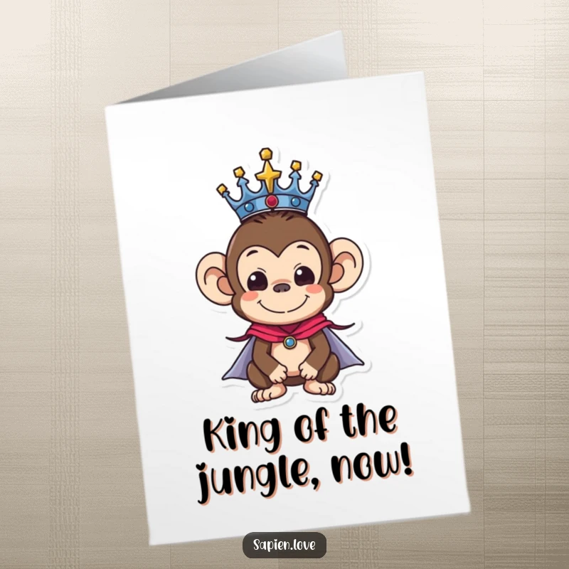 Funny Free Printable Birthday Card: A monkey king wearing a golden crown and flowing cape celebrates a birthday.