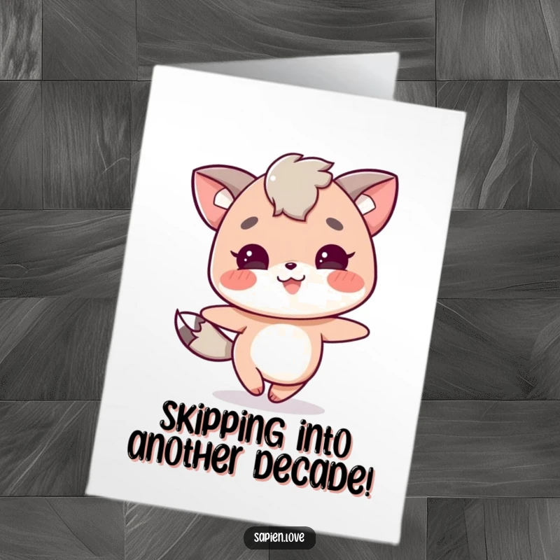 Funny Free Printable Birthday Card: Joyful animal-eared character skipping with pure, unadulterated delight.