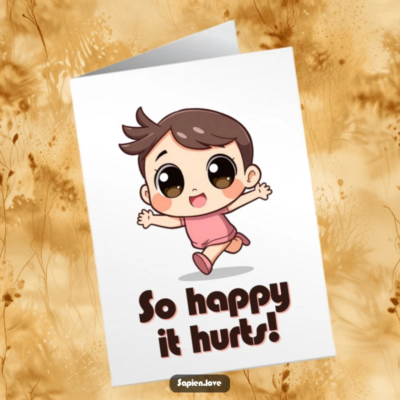 Funny free printable birthday card featuring a cute kawaii character with big eyes, joyfully running with arms open in excitement.