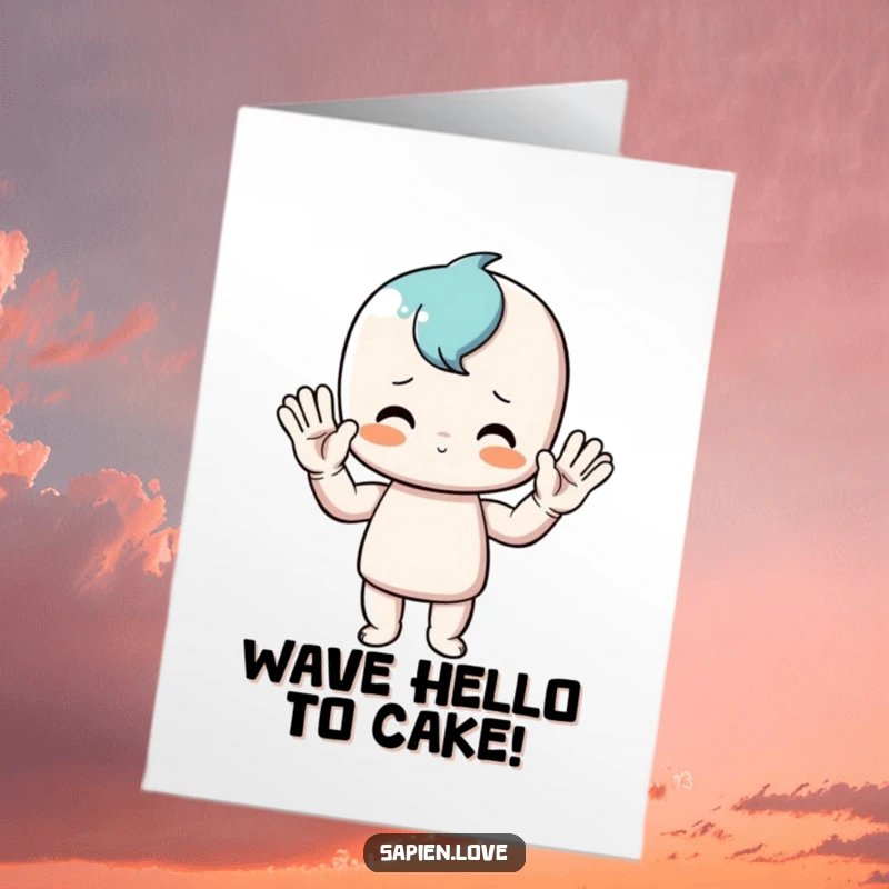 Funny free printable birthday card of a humanoid character doing an extremely enthusiastic, comical wave with both hands, ready to party.