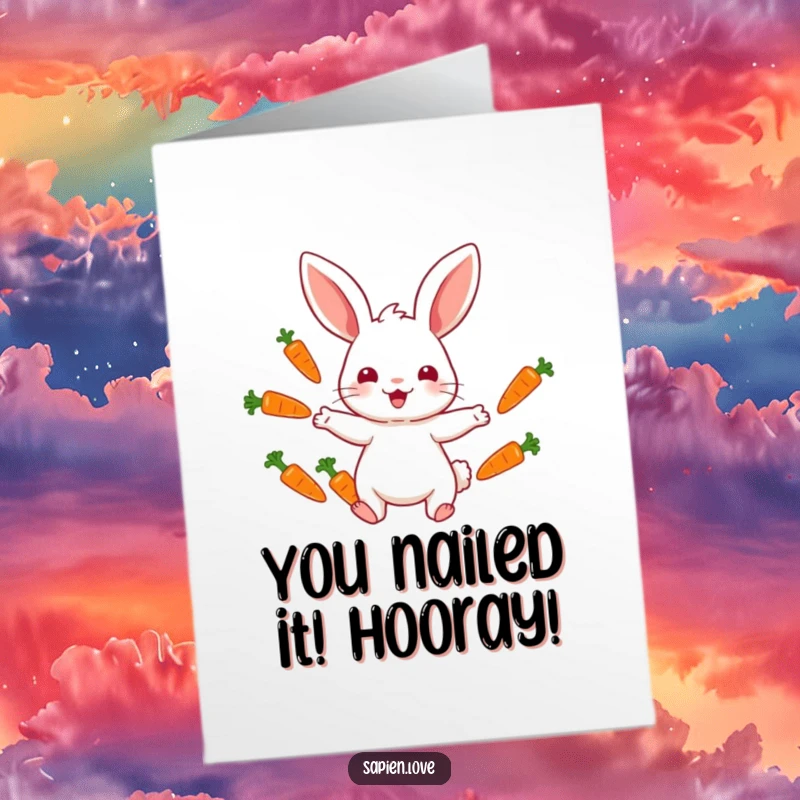 Funny Free Printable Congratulations Card: A rabbit skillfully juggles bright, colorful carrots in a celebratory display.