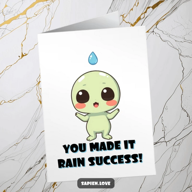 Funny Free Printable Congratulations Card: An excited alien is surprised by a friendly, smiling raindrop falling from above.
