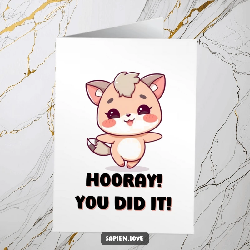 Funny Free Printable Congratulations Card: Animal character with ears skipping with sheer delight over good news.