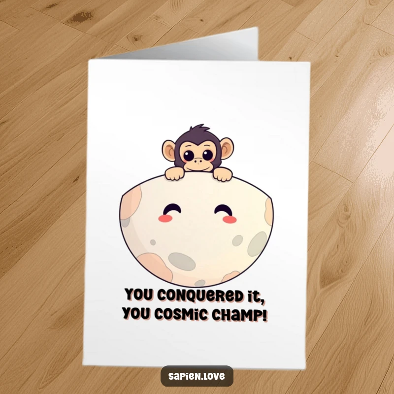 Funny Free Printable Congratulations Card: A curious primate peeking over a huge, happy planet, signifying a momentous achievement.