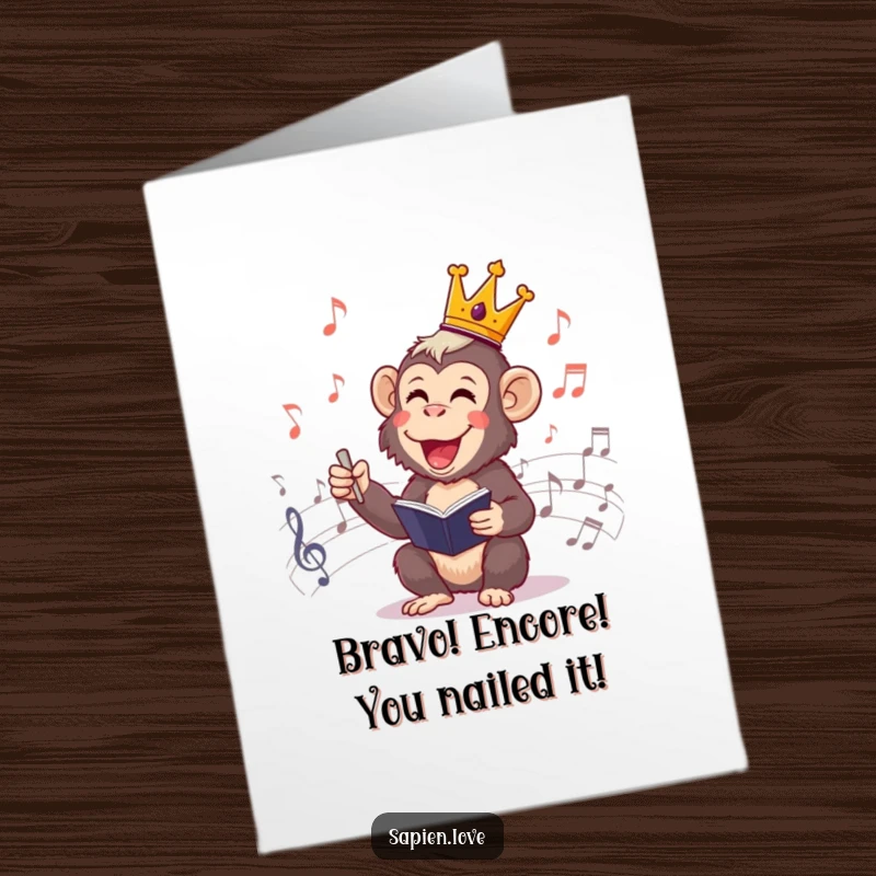 Funny Free Printable Congratulations Card: Cheerful primate wearing a crown, conducting an orchestra of musical notes.