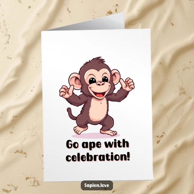 Funny Free Printable Congratulations Card: Energetic kawaii ape dancing with exaggerated moves, great for a celebratory DIY moment.