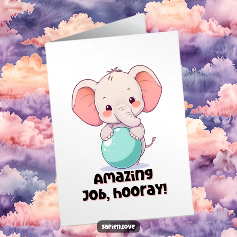 Free printable congratulations card showing a smiling elephant balancing a ball, symbolizing a fantastic achievement and great balance.