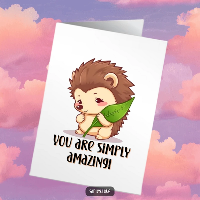 Free printable congratulations card with a curious hedgehog character inspecting a leaf, signifying discovery and achievement.