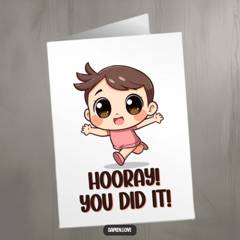 Funny free printable congratulations card: a cute kawaii character with huge eyes, dashing with excitement to celebrate a big achievement.