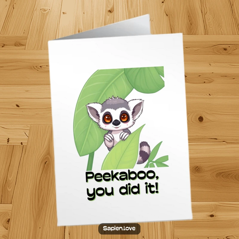 Funny Free Printable Congratulations Card: Shy kawaii lemur peeking from a jungle leaf, ideal for a gentle, DIY celebration.