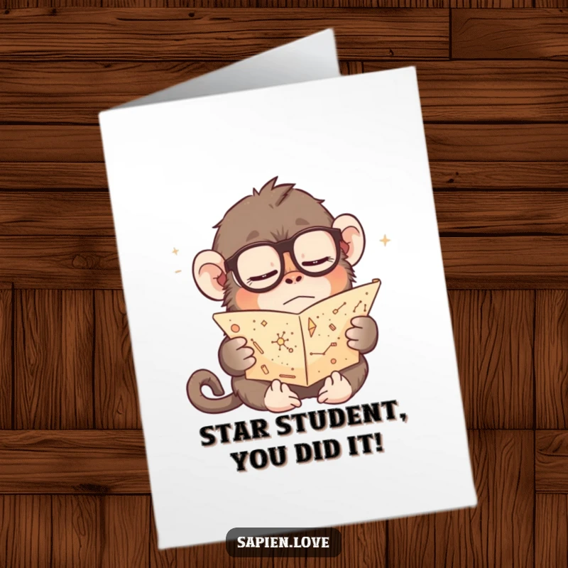 Humorous free printable congratulations card of a bespectacled, sleepy primate engrossed in reading a scroll of constellations, symbolizing wisdom.