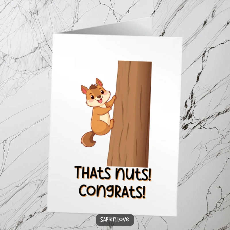 Funny Free Printable Congratulations Card: A smiling squirrel character excitedly climbing a tall tree trunk, celebrating a major accomplishment.