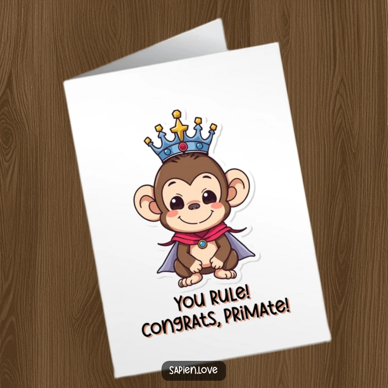 Funny Free Printable Congratulations Card: A majestic monkey wearing a crown and cape looks pleased with their victory.
