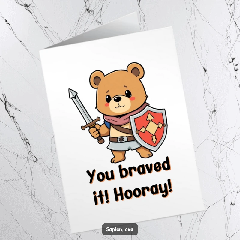 Funny Free Printable Congratulations Card: A bear warrior with sword and shield stands ready for a challenge.