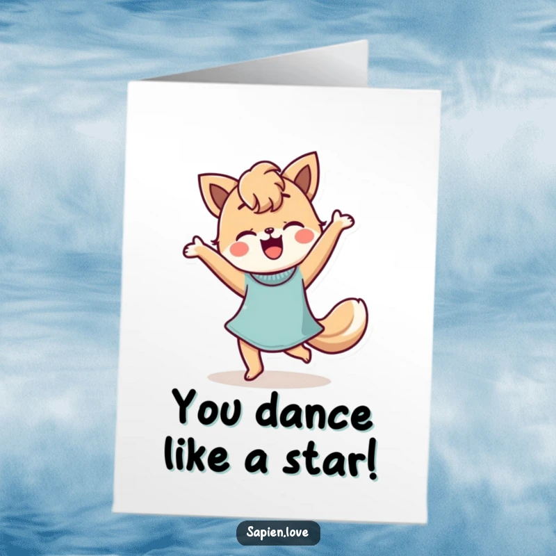 Funny Free Printable congratulations card showing a stylized person with animal features dancing happily.