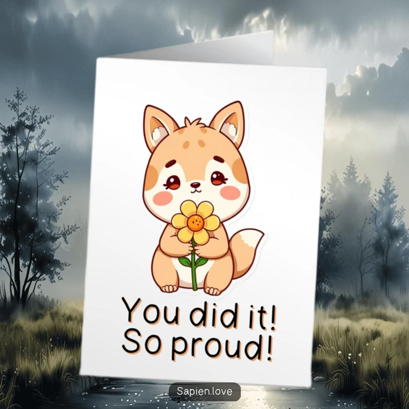 Funny Free Printable Congratulations Card: A sweet animal figure offers a flower as a gesture of joyful celebration.