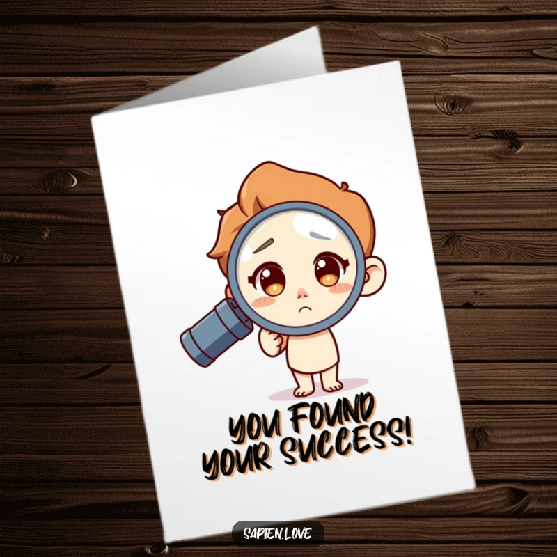 Funny Free Printable Congrats Card: Curious character uses a magnifying glass to examine a fantastic achievement.