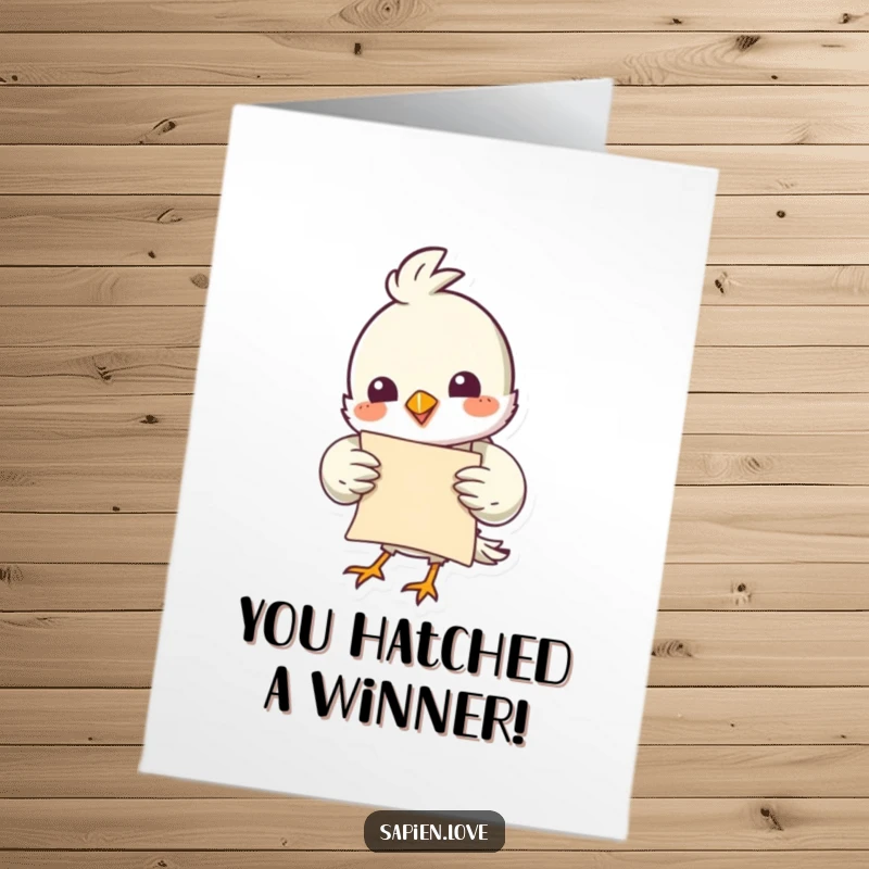 Funny free printable bird card featuring a cheerful bird holding a parchment, joyfully announcing congratulations.