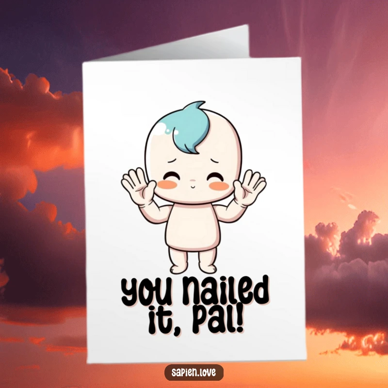 Hilarious free printable congratulations card featuring a wacky character giving an exaggerated, over-the-top wave with both hands, celebrating success.