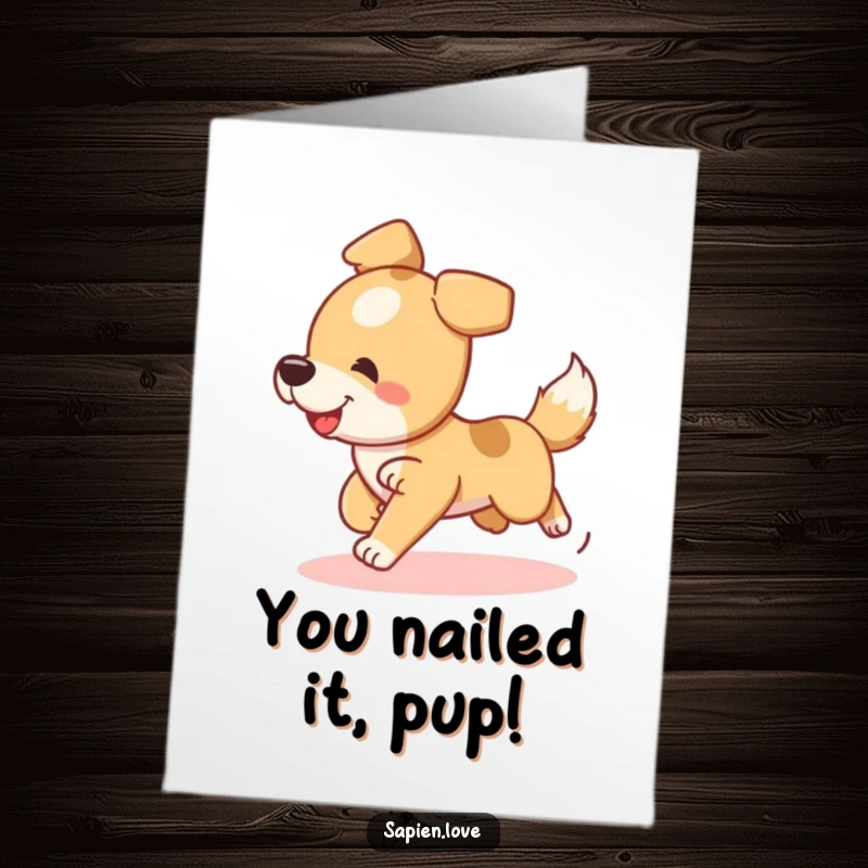 Free printable congratulations card showing an enthusiastic dog character gleefully chasing its tail, symbolizing boundless joy.