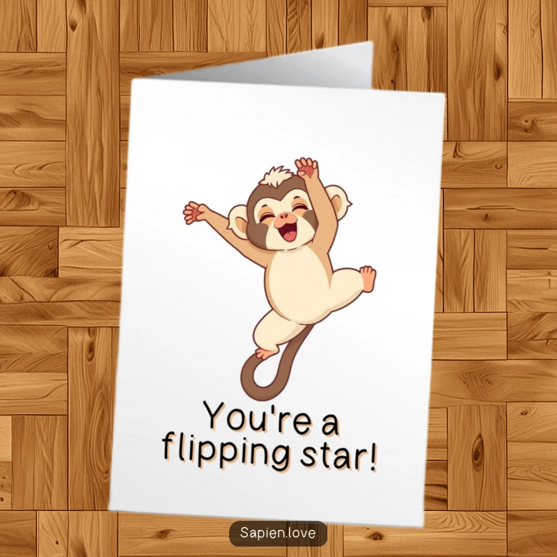 Funny Free Printable Congratulations Card: A kawaii gibbon mid-flip, giggling with excitement, perfect for celebrating big wins.